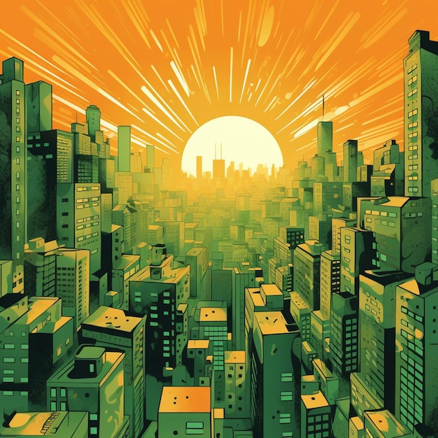 Городской пейзаж с солнечными лучами Городский пейзаж с небоскребами Векторная иллюстрация