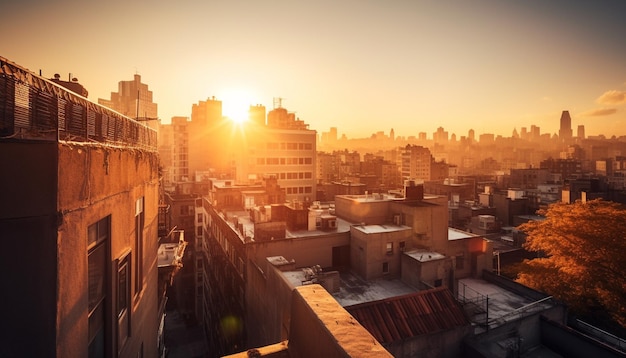 A cityscape with the sun setting behind it