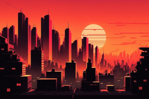 A cityscape with a sunset in the background.