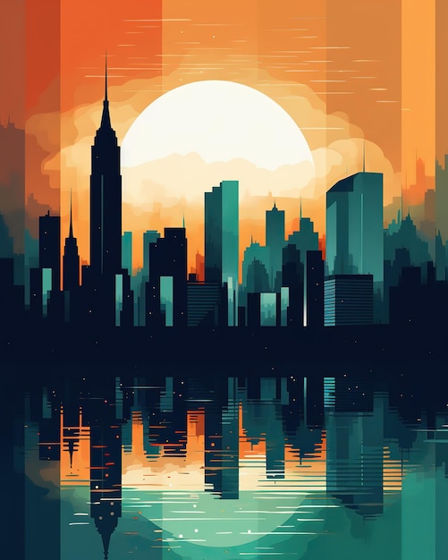 A cityscape with a sunset and a reflection of a cityscape.