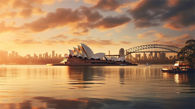 A cityscape with a sydney opera house and a bridge in the background