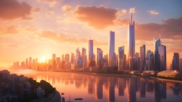 A cityscape with towering skyscrapers illuminated by the warm hues of the setting sun