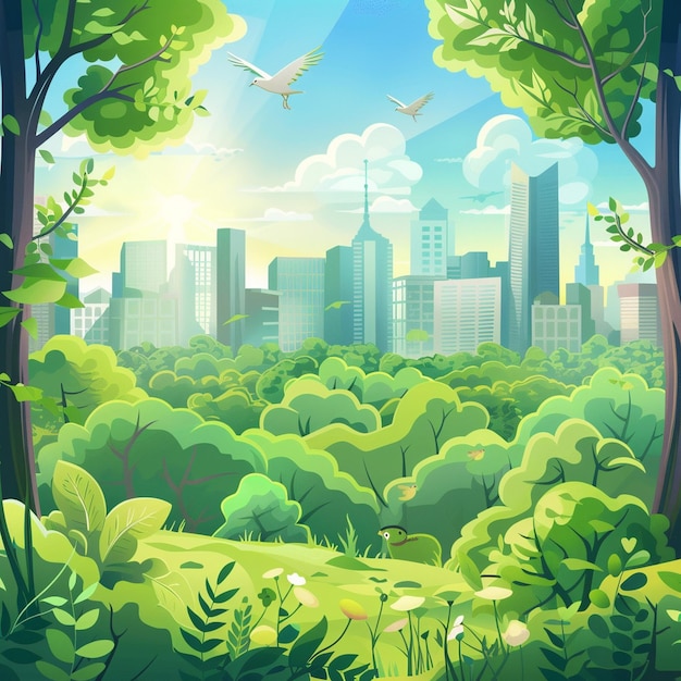 Cityscape with Trees and Flying Bird World Environment Day Scene