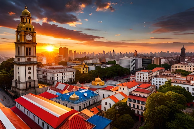 A cityscape with a view of the city at sunset.