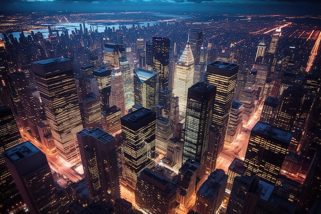 A cityscape with a view of manhattan at night.