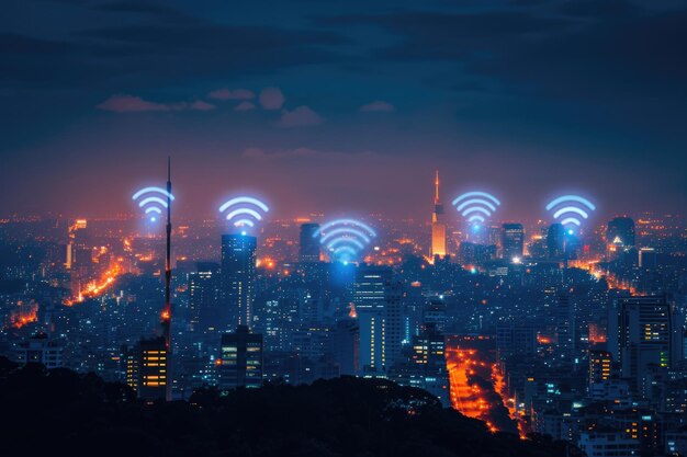 사진 wi-fi 연결과 함께 도시 풍경 개념 정보 통신 기술 개념