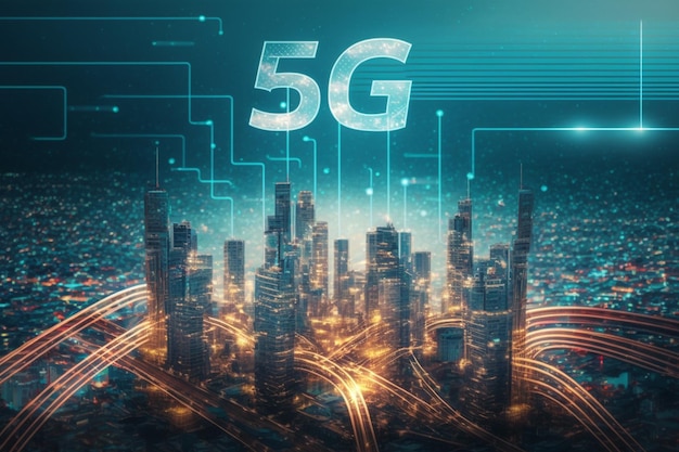 Городской пейзаж со словами 5g на нем.