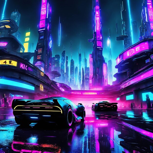 Cityscapes with a cyberpunk flair and lively neon illumination