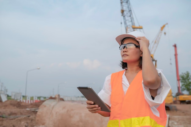 Civiel ingenieurs aan het werk op een bouwplaatsde bedrijfsleider houdt toezicht op de wegenbouw