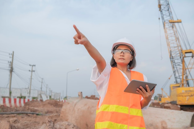 Civiel ingenieurs aan het werk op een bouwplaatsDe bedrijfsleider houdt toezicht op de wegenbouw