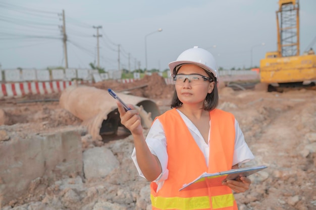 Civiel ingenieurs aan het werk op een bouwplaatsDe bedrijfsleider houdt toezicht op de wegenbouw