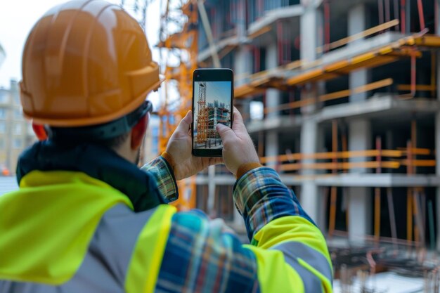 Civil engineer or architect with hardhat using smartphone for taking photo at construction site