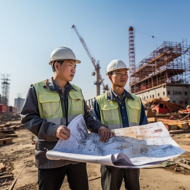 Civil engineer and construction worker manager holding digital tablet and blueprints talking and planing about construction site Cooperation teamwork concept