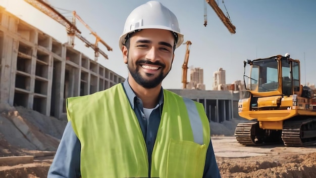 Photo civil engineer hispanic smiling with constuction backgrounds use for banner cover success in target