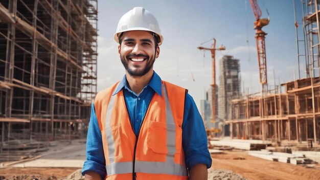 Civil engineer hispanic smiling with constuction backgrounds use for banner cover success in target