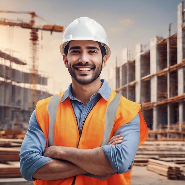 Civil engineer hispanic smiling with constuction backgrounds use for banner cover success in target