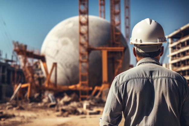 Civil Engineer hold hard hat background of concrete mixer and pump of cement