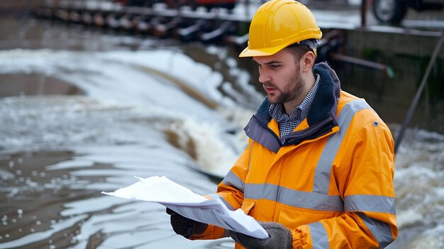 Инженер-строитель в защитном снаряжении и защитной шляпе на строительной площадке с чертежами, глядя на плотину