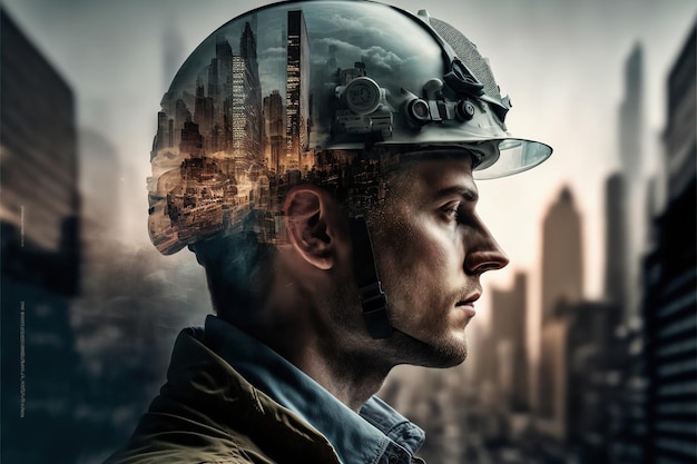 Civil engineering portrait engineer wearing helmet with wondrous double exposure