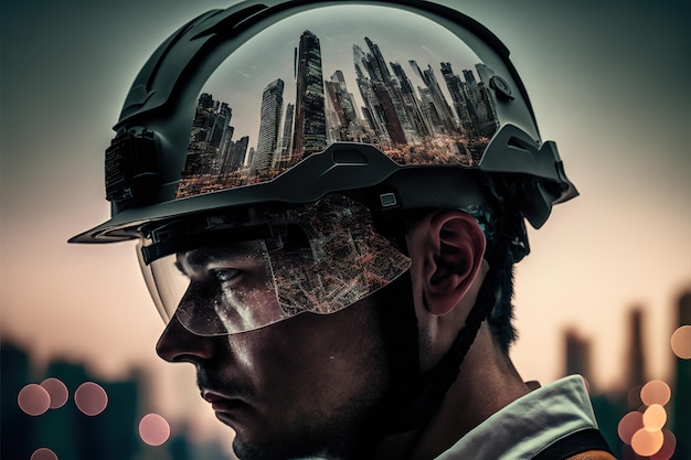 Civil engineering portrait engineer wearing helmet with wondrous double exposure