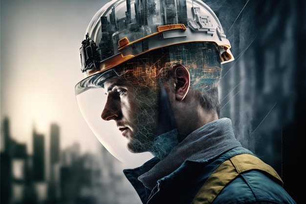 Civil engineering portrait engineer wearing helmet with wondrous double exposure