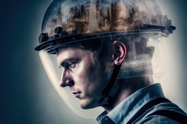 Civil engineering portrait engineer wearing helmet with wondrous double exposure