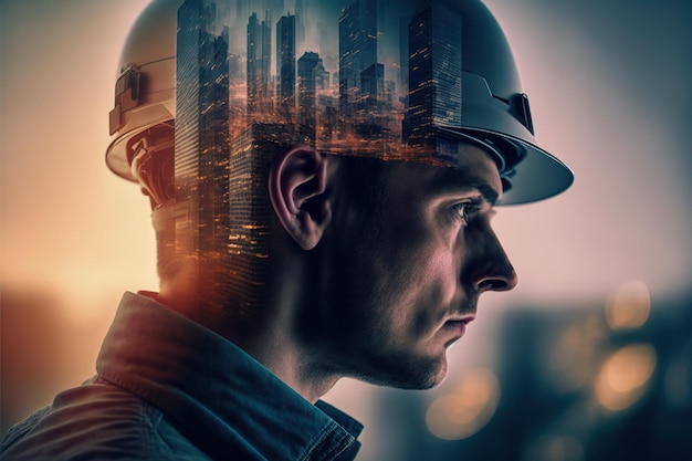 Civil engineering portrait engineer wearing helmet with wondrous double exposure