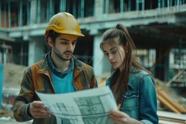 Civil engineers reviewing blueprints at construction site