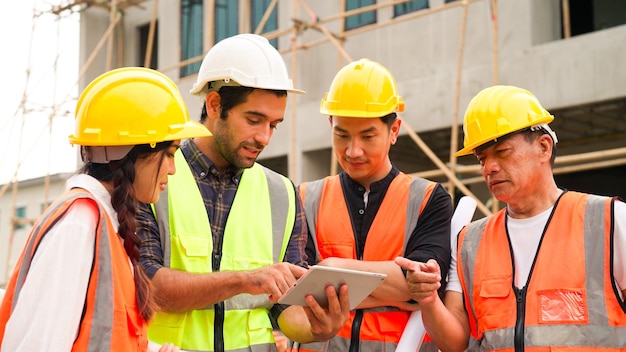 Civil engineers team with safety hard hat working together at construction site outdoor construction