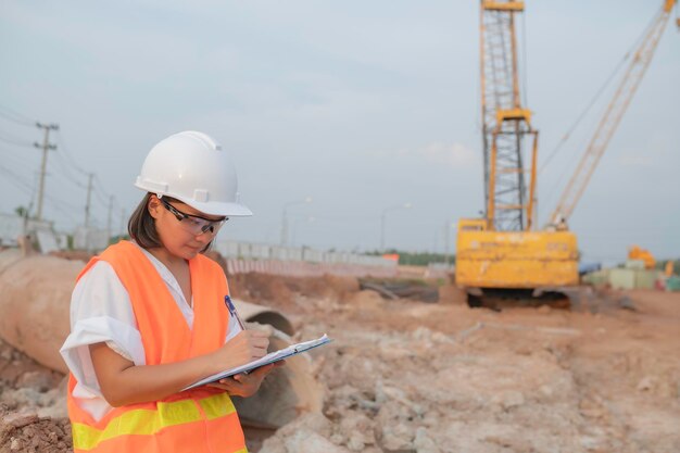 Civil engineers working at a construction siteThe company manager supervises the road construction