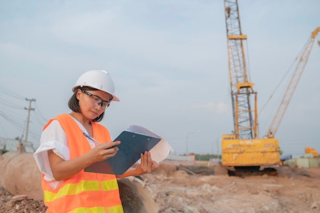 Civil engineers working at a construction siteThe company manager supervises the road construction