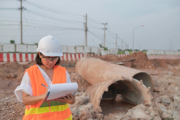 Civil engineers working at a construction siteThe company manager supervises the road construction