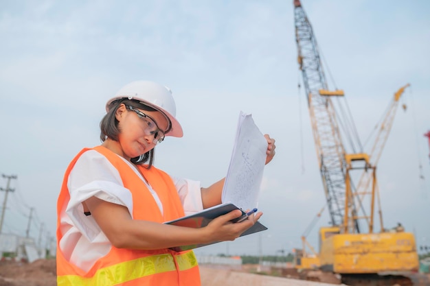 Civil engineers working at a construction sitethe company\
manager supervises the road construction