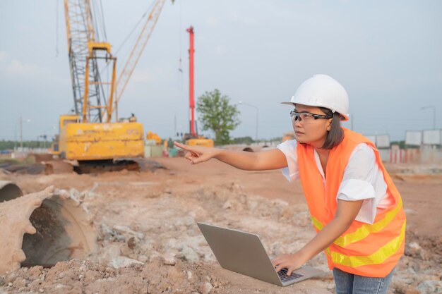 Civil engineers working at a construction sitethe company\
manager supervises the road construction