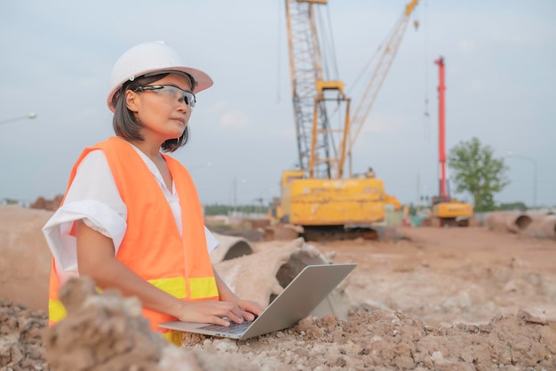 Civil engineers working at a construction sitethe company\
manager supervises the road construction