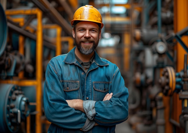 Civil and mechanical engineering concept The engineer wearing helmet working in a factory