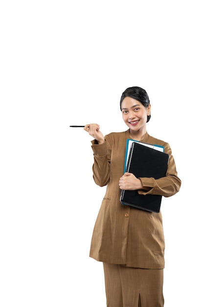 Civil servant woman with uniform finding ideas while carrying laptop