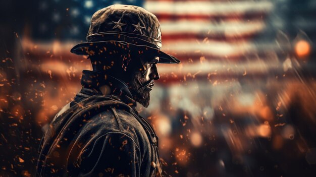 civil war style soldier looking at america flag background