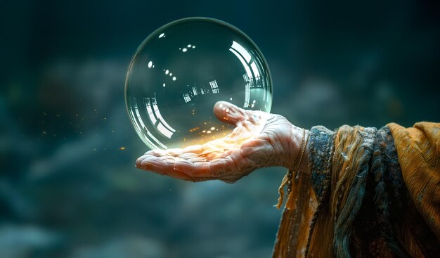 Photo clairvoyant hand holding a crystal ball dark blue background