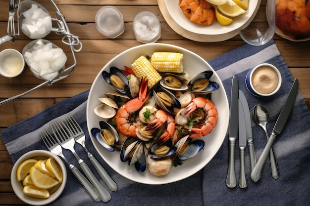 접시 전문 광고 음식 사진에서 먹을 준비가 된 Clambake