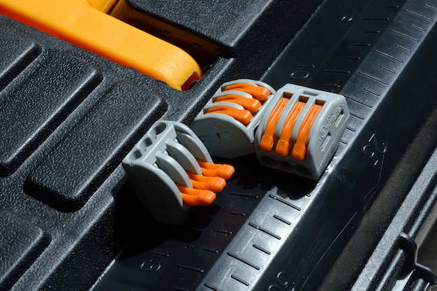 The clamping terminals are located on the tool box. close-up.