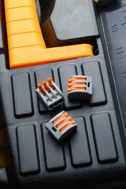 The clamping terminals are located on the tool box. close-up.