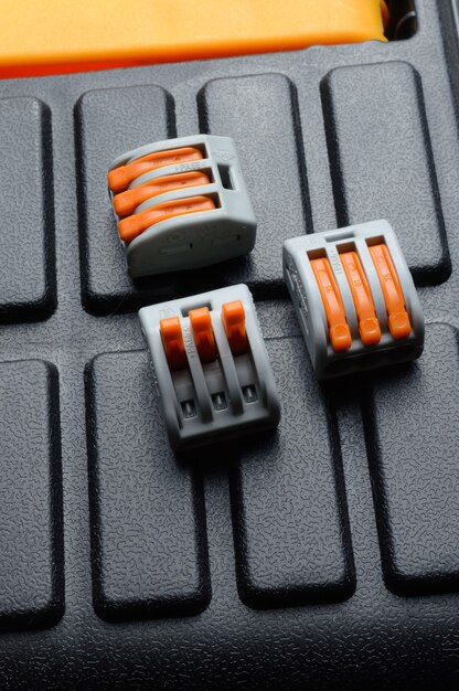 The clamping terminals are located on the tool box. close-up.