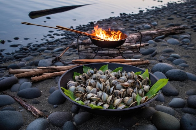 Clams on a makeshift beach bbq with seaweed created with generative ai