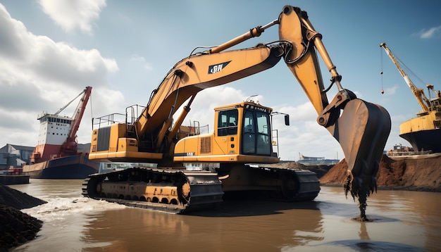 a clamshell excavator dredging a harbor to deepen the waterway for large ships