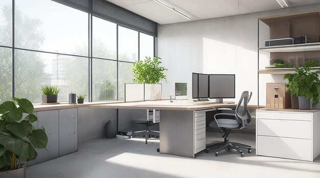 Clan concrete cowering office interior with windows equipment furniture and other items 3d rendering