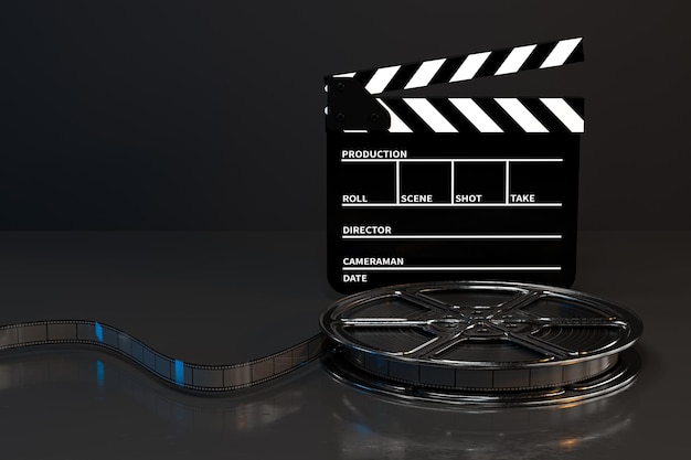 Clapper board and film tape with dark background 3d rendering