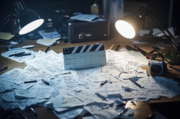 clapper board resting on a wooden table surrounded by scattered script pages and markers under soft directional lighting in a creative workspace