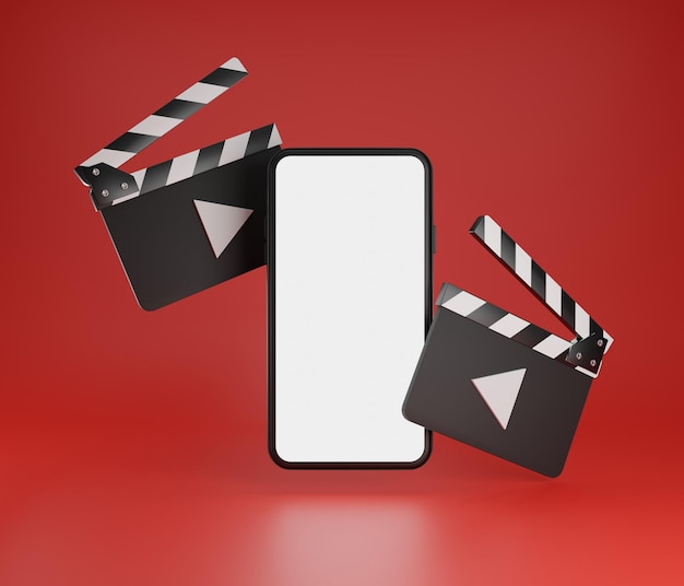 클래퍼 및 전화입니다. 빈 화면입니다. 영화 보기 개념 빨간색 배경 3d 렌더링입니다.