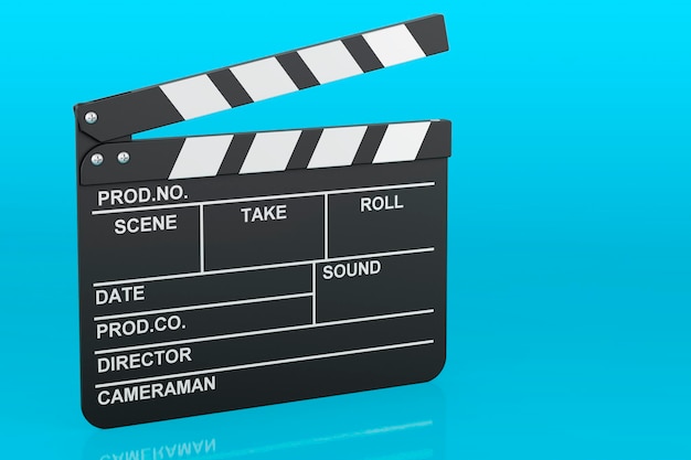 Photo clapperboard on blue backdrop 3d rendering